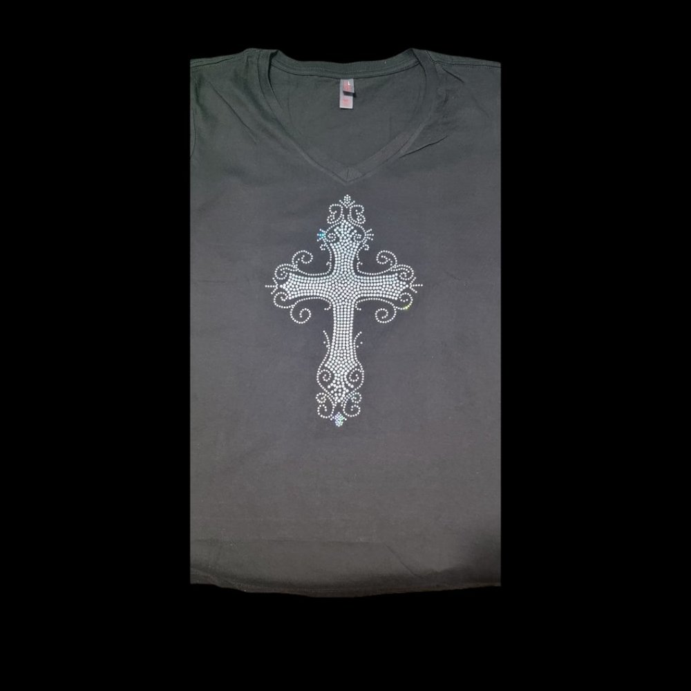 NWT Womans V Neck Halogen Cross Spangle Black T Shirt